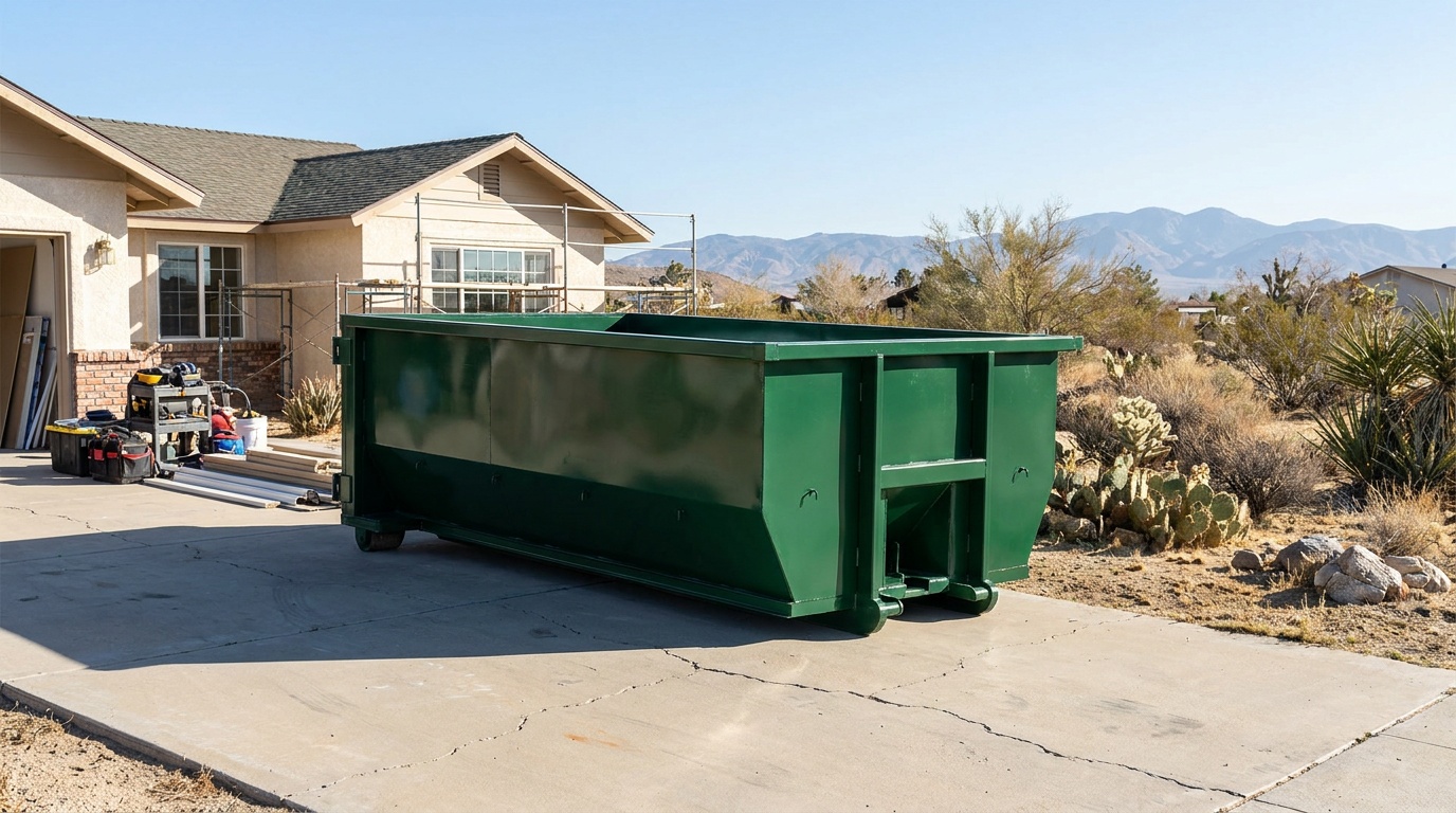 Roll-off dumpster on a driveway in Delano